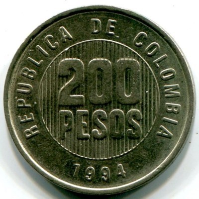 Монета Колумбия 200 песо 1994 год.