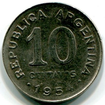 Монета Аргентина 10 сентаво 1954 год.
