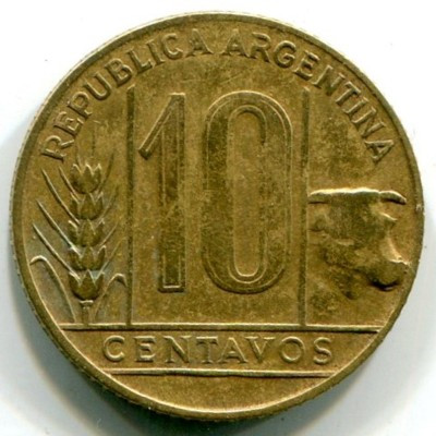 Монета Аргентина 10 сентаво 1949 год.