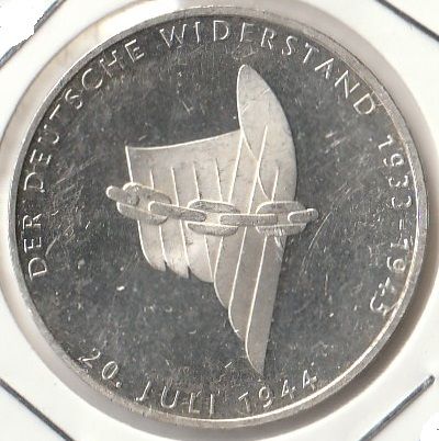 Германия 10 марок 1994 г. 50 лет с момента покушения на Адольфа Гитлера A