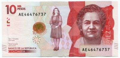 Банкнота Колумбия 10 песо 2017 год.