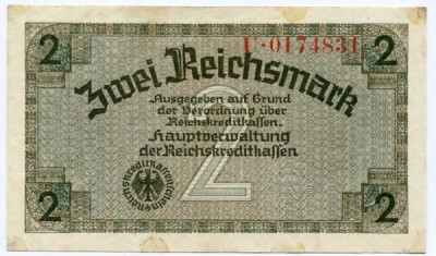 Банкнота Германия 2 рейхсмарки 1939-1945 год.