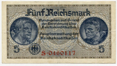 Банкнота Германия 5 рейхсмарок 1940-1945 год.