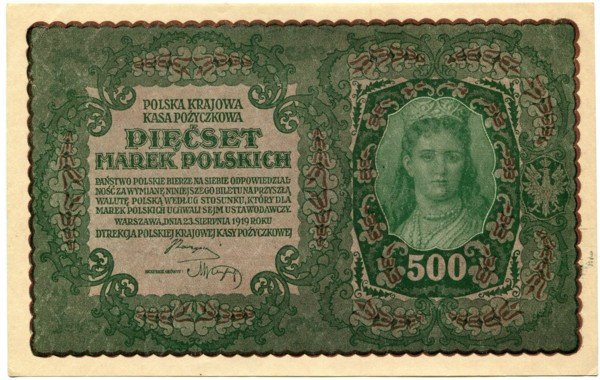 Банкнота Польша 500 марок польских 1919 год.