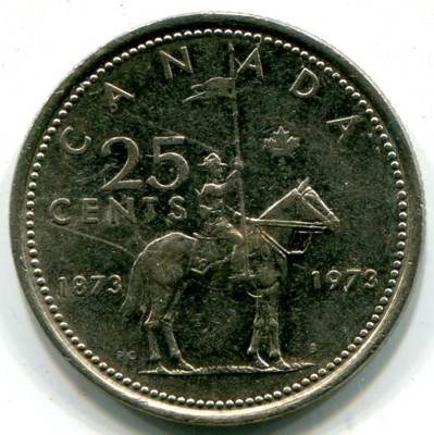 Монета Канада 25 центов 1973 год. 100 лет конной полиции Канады.