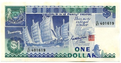 Банкнота Сингапур 1 доллар 1987 год.