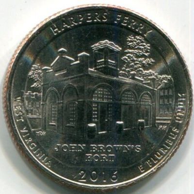 Монета США 25 центов 2016 год. Национальный исторический парк Харперс Ферри. D