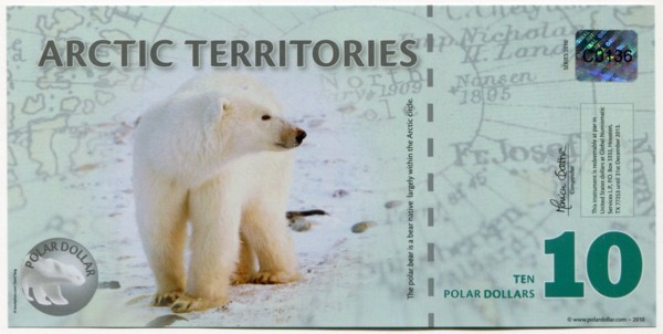 Банкнота Арктические территории 10 долларов 2010 год. 