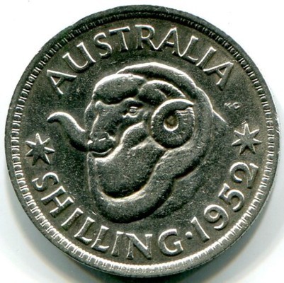 Монета Австралия 1 шиллинг 1952 год.