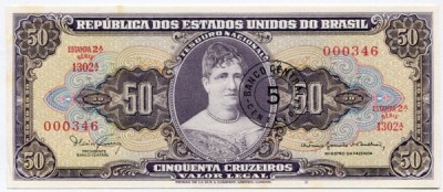 Банкнота Бразилия 50 крузейро 1966 год.