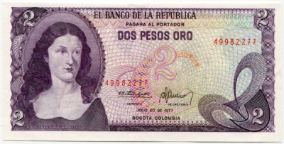 Банкнота Колумбия 2 песо 1977 год.