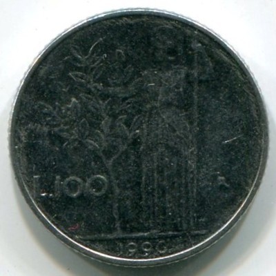 Монета Италия 100 лир 1990 год.