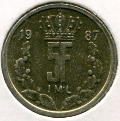 Монета Люксембург 5 франков 1987 год.