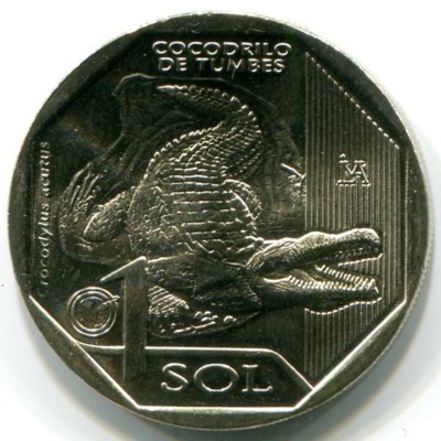 Монета Перу 1 соль 2017 год. Острорылый крокодил.