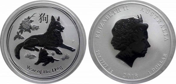 Австралия, серебряная монета 1 доллар 2018 г. Год Собаки