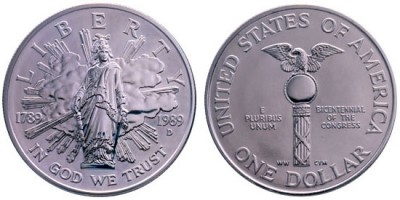 США, серебряная монета 1 доллар, 200-летие Конгресса, 1989 года