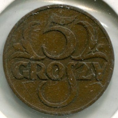 Монета Польша 5 грошей 1938 год.