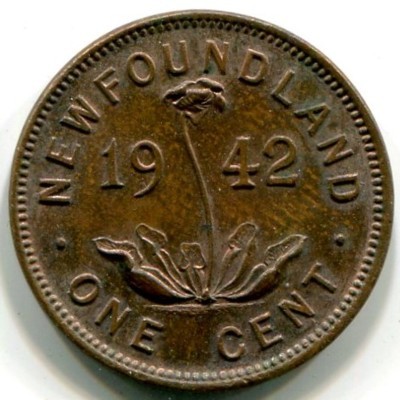 Монета Ньюфаундленд 1 цент 1942 год.