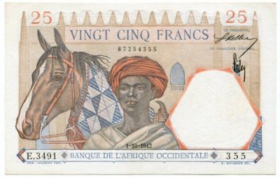 Банкнота Французская Западная Африка 25 франков 1942 год.