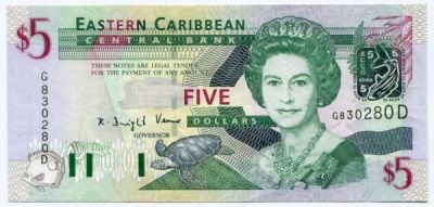 Банкнота Восточные Карибы 5 долларов 2008 год.