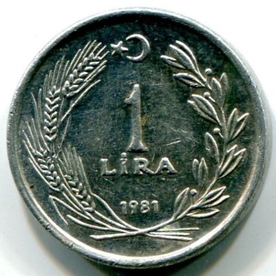 Монета Турция 1 лира 1981 год.