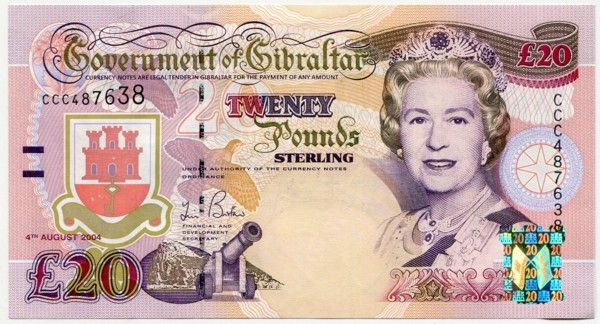 Банкнота Гибралтар 20 фунтов 2004 год.