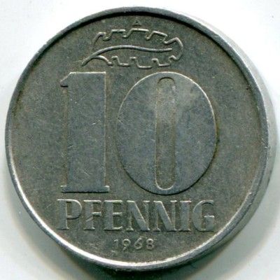 Монета ГДР 10 пфеннигов 1968 год. A