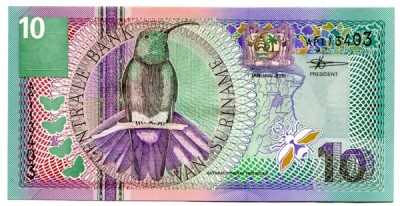 Банкнота Суринам 10 гульденов 2000 год.