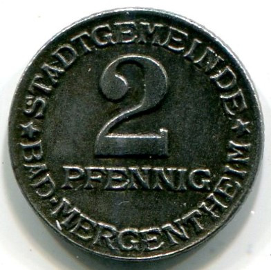 Монета Бад-Мергентхайм 2 пфеннига 1920 год. Нотгельд