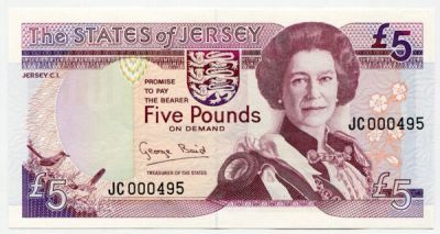 Банкнота Джерси 5 фунтов 1993  год.