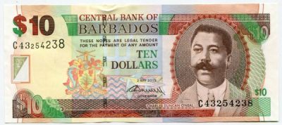 Банкнота Барбадос 10 долларов 2012 год.