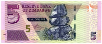 Банкнота Зимбабве 5 долларов 2019 год.