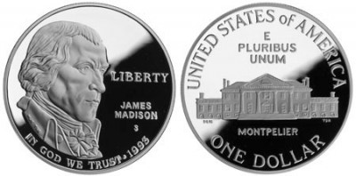 США, серебряная монета 1 доллар, Билль о правах, Джеймс Мэдисон, 1993 года