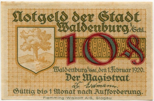 Банкнота Вальденбург 10 пфеннигов 1920 год.