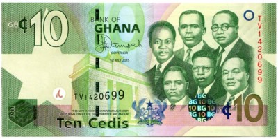 Банкнота Гана 10 седи 2015 год.