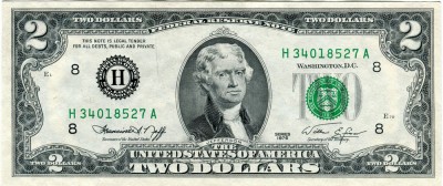 США, банкнота 2 доллара 1976 г.