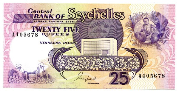 Банкнота Сейшелы 25 рупий 1989 год. 