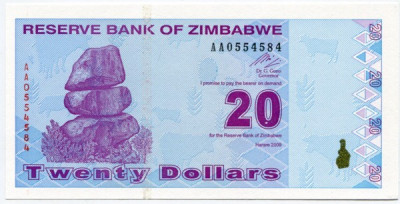 Банкнота Зимбабве 20 долларов 2009 год.
