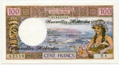 Банкнота Новые Гебриды 100 франков 1977 год.