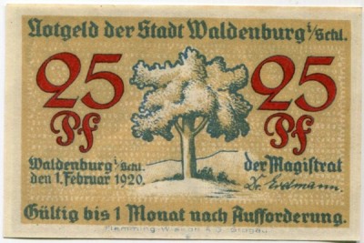 Банкнота Вальденбург 25 пфеннигов 1920 год.