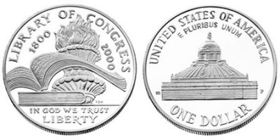  США, серебряная монета 1 доллар, 200-летие Библиотеки Конгресса , 2000 года