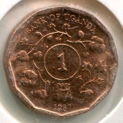 Монета Уганда 1 шиллинг 1987 год.
