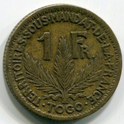 Монета Того 1 франк 1924 год.