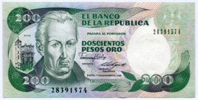 Банкнота Колумбия 200 песо 1988 год.