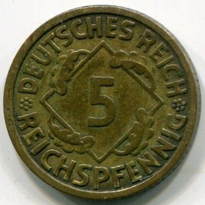 Монета Германия 5 рейхспфеннигов 1925 год. E