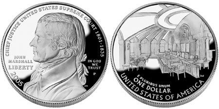 США, серебряная монета 1 доллар, 250 лет со дня рождения Джона Маршалла, 2005 года