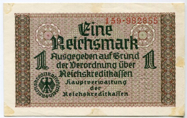 Банкнота Германия 1 рейхсмарка 1939-1945 год.