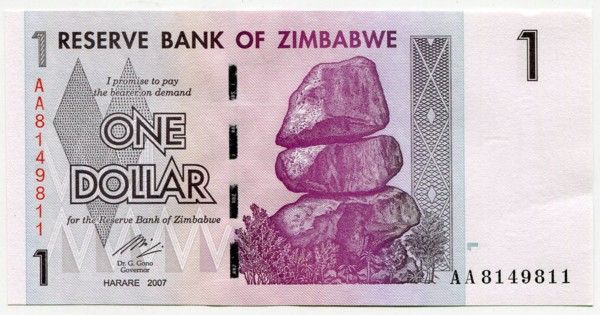 Банкнота Зимбабве 1 доллар 2007 год. 