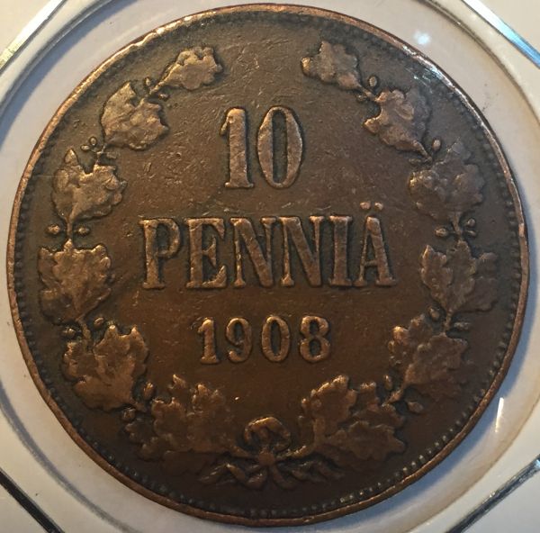 Монета Русская Финляндия 10 пенни 1908 год 