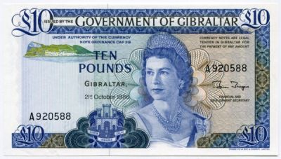 Банкнота Гибралтар 10 фунтов 1986 год.